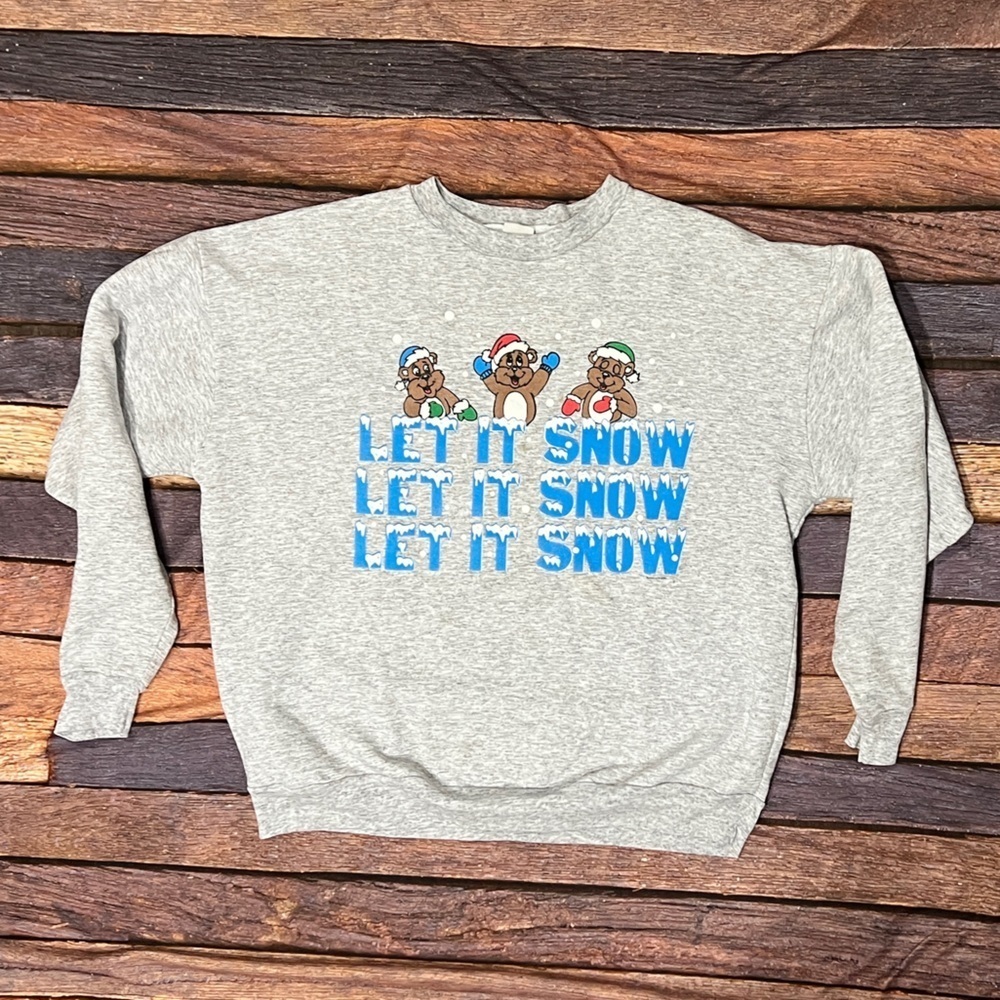 Vintage Let it Snow Xmas Ugly Sweater Party Gray 1980s Womens Sweatshirt